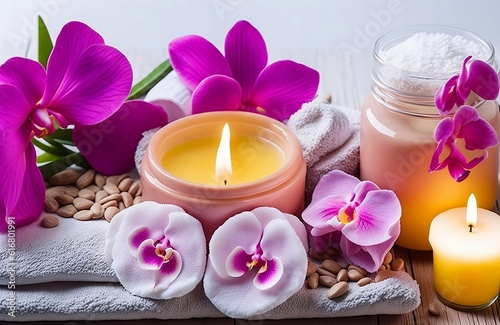 Aromatherapy  spa  beauty treatment and wellness background with massage pebbles  orchid flowers  towels  cosmetic products created with generative ai