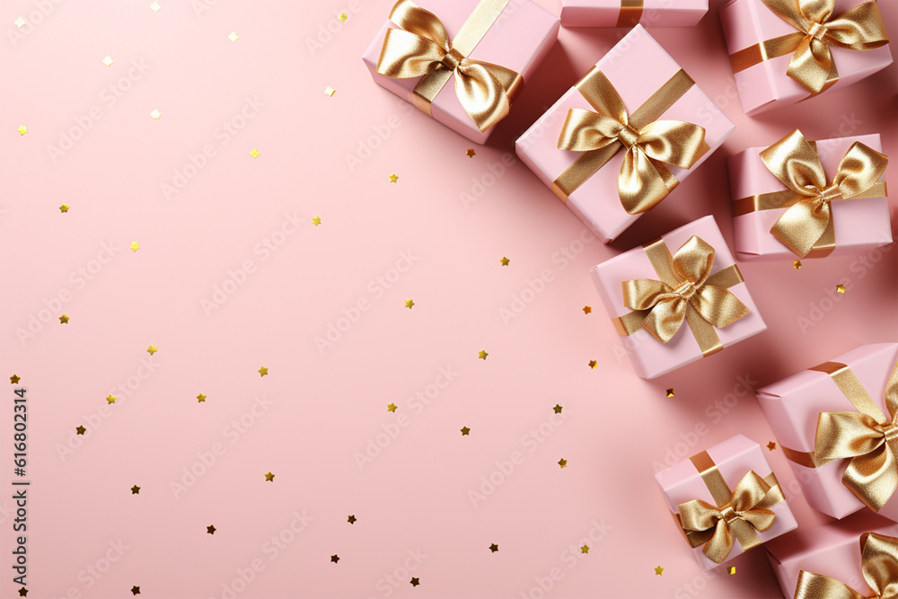 Shiny gift boxes with golden bows on pink background. Space for text