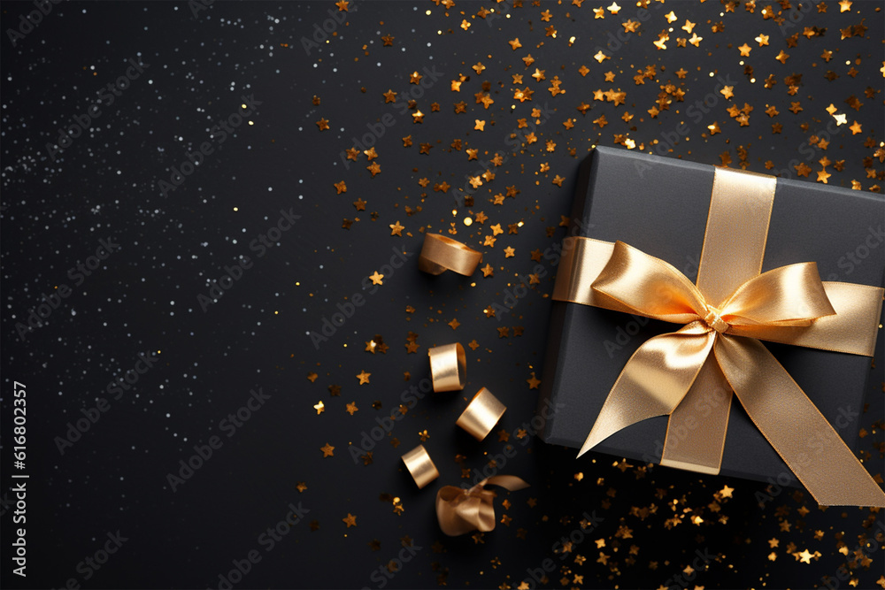 Shiny gift box with golden bow on black background. Space for text. Black Friday Concept Shiny gift box with golden bow on black background. Space for text. Black Friday Concept