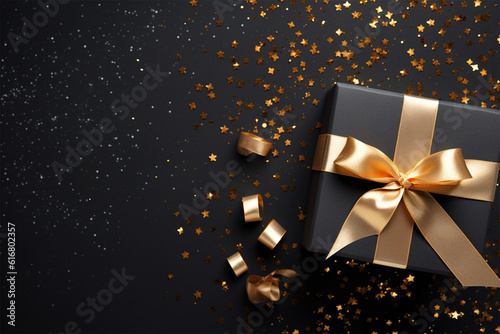Shiny gift box with golden bow on black background. Space for text. Black Friday Concept
