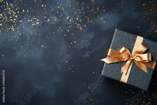 Elegant blue present box with golden bow on a dark blue background, copy space. Gift box, top view. 