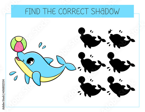 Find the correct shadow game with dolphin with ball. Educational game for children. Cute cartoon dolphin. Shadow matching game. Vector illustration.