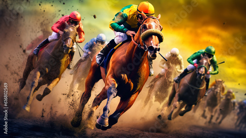 Canvas Print Horse racing, Jockeys fight to take the lead in the last curve, Jockeys on their