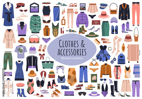 Vector set of casual clothing, shoes, accessories.