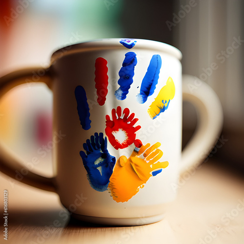 a cup with child hand prints, gernative ai photo