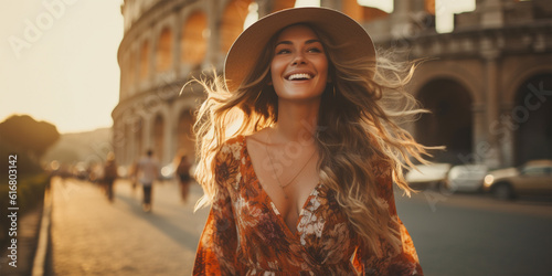 Attractive tourist girl with straw hat. 