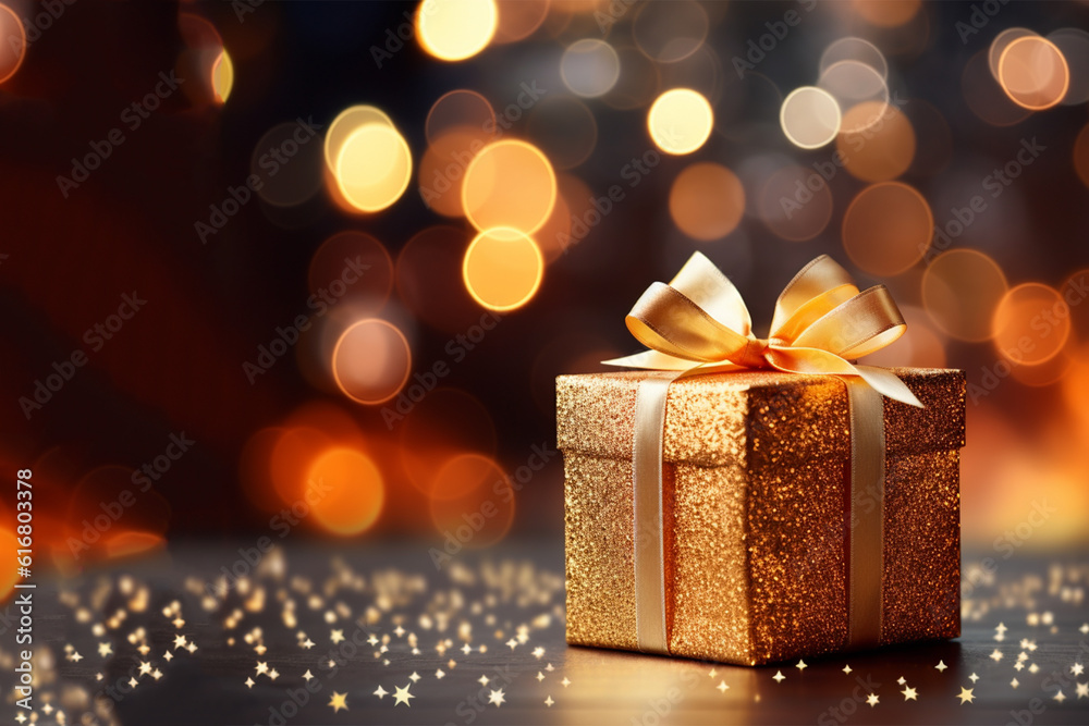 Festive gift box against bokeh background Space for text Festive gift box against bokeh background Space for text