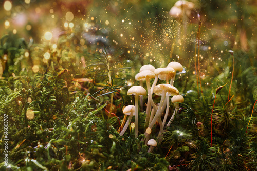 Magical fantasy pale mushrooms on green moss and shiny glowing fireflies. photo