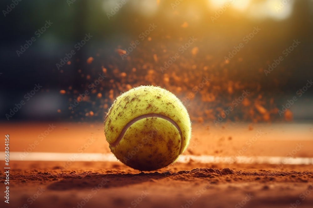 Tennis Ball in Motion on Clay Court with Bokeh Background. AI