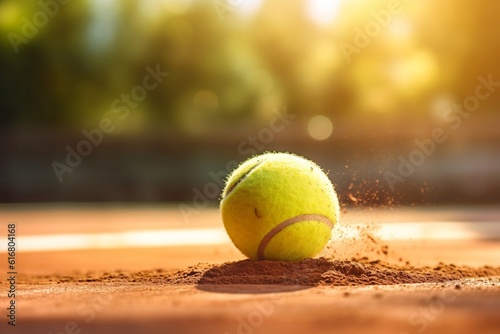 Tennis Ball in Motion on Clay Court with Bokeh Background. AI © Usmanify