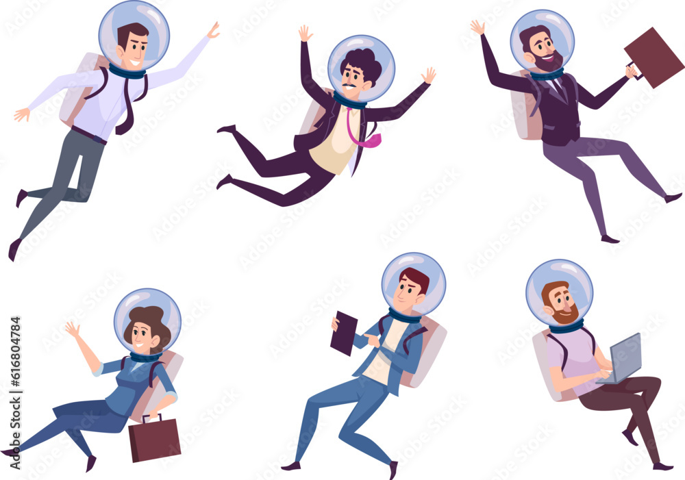 Business astronaut. Male and female flying characters with business tools exact vector cartoon characters