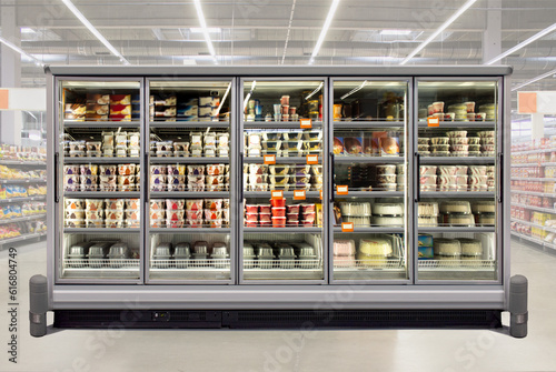 Ice cream and birthday cakes in a glass door freezer at supermarket. Suitable for presenting new packaging among many others. Front view.