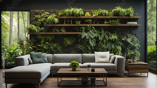 A Nature First Living Accent Wall: A Fusion of Art and Nature for Modern Spaces Powered by Multiple AI Models © RoomRender AI