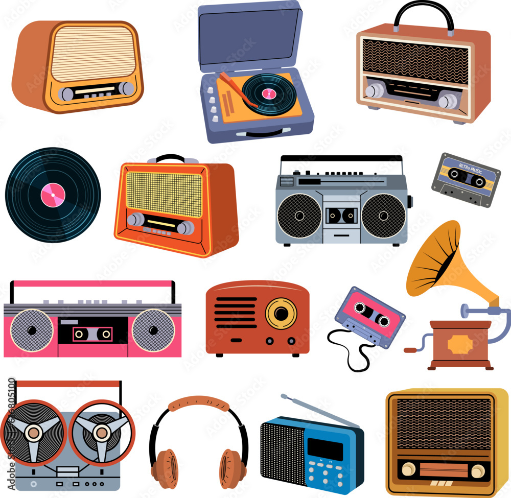 Music devices. Retro music gadgets headset radio and players recent vector stylized illustrations set