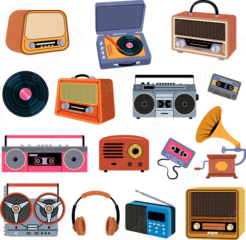 Music devices. Retro music gadgets headset radio and players recent vector stylized illustrations set