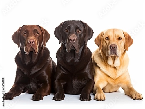 Three different Labradors on white. Generative AI
