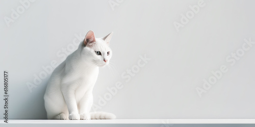 White cat on minimal gray background with copy space. Generative AI.