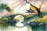 Beautiful Japanese garden with cherry blossoms. There are old bridge, traditional tea house and pond. Watercolor illustrations influenced by Japanese Nanga and Ukiyoe. Made with Generative AI