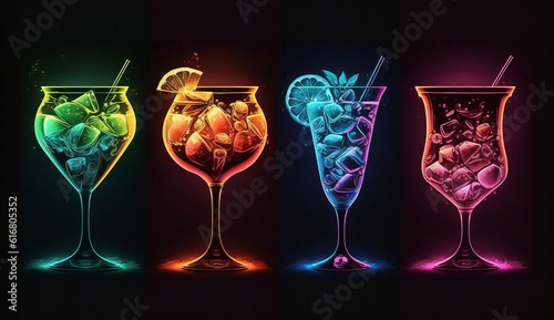 4 neon Cocktails in Neonfarben und Neonlicht. Generative Ai.