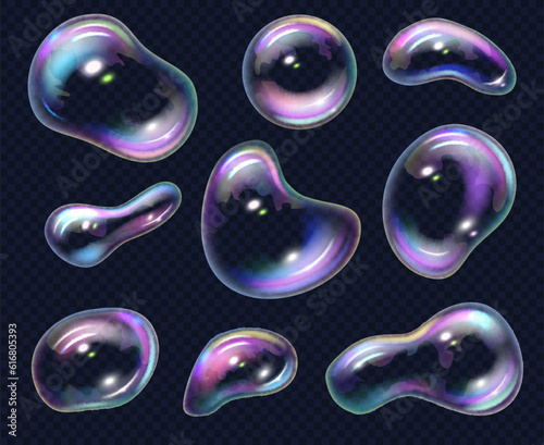 Foam bubbles. Transparent soap bubbles different shapes decent vector realistic set