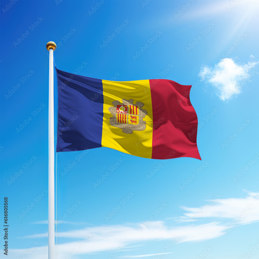 Waving flag of Andorra on flagpole with sky background. Waving flag of Andorra on flagpole with sky background.