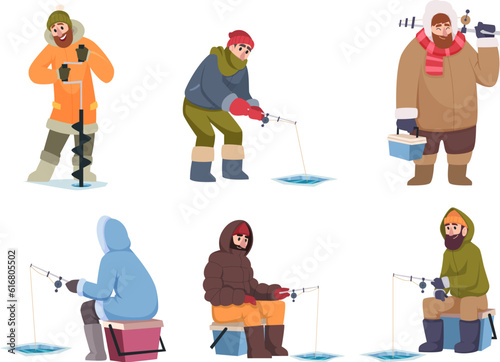 Winter fishing. Cold time fishing on north pole winter sailor exact vector people collection