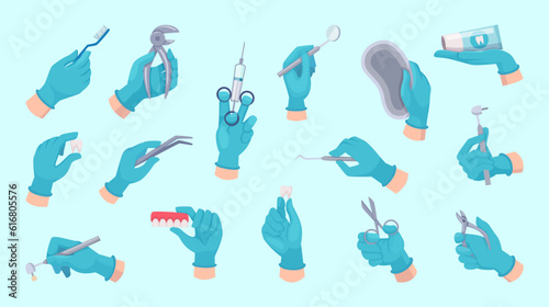 Doctor hands. Dentist equipment in hands exact vector medical tools in cartoon style