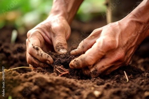 Farmer's Hand Inspecting Soil Health in an Organic Farm. AI