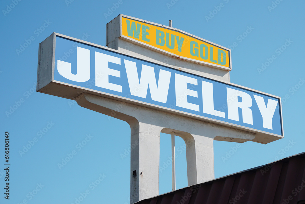 Aged and worn jewelry store sign