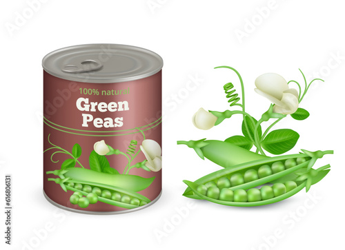 Green peas label. Canned products banner realistic template decent vector green peas label for print design