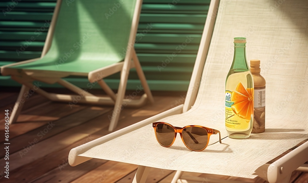 Sunscreen, Beach Chair, Sunglasses on a Wooden Table. AI
