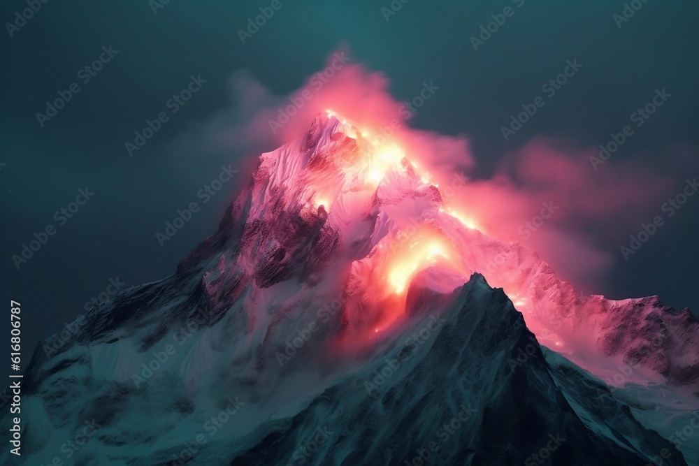 Neon-Lit Avalanche on a Majestic Mountain. AI