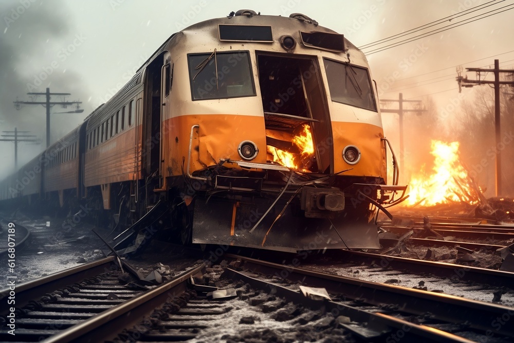 Railroad Crossing Accident: Derailed Train Crashes. AI