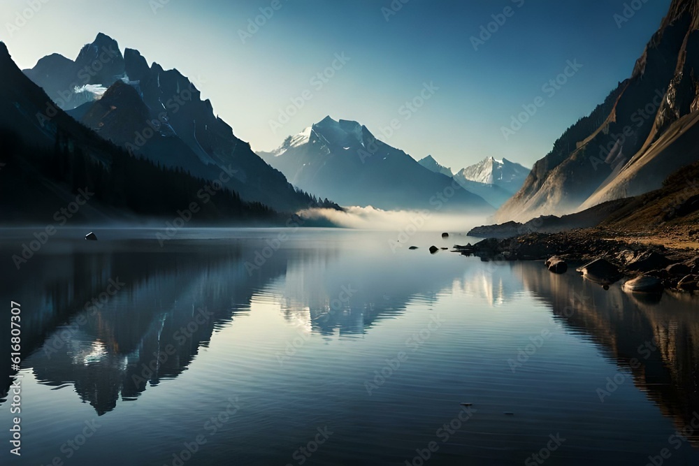 lake in the morning generated by AI technology 