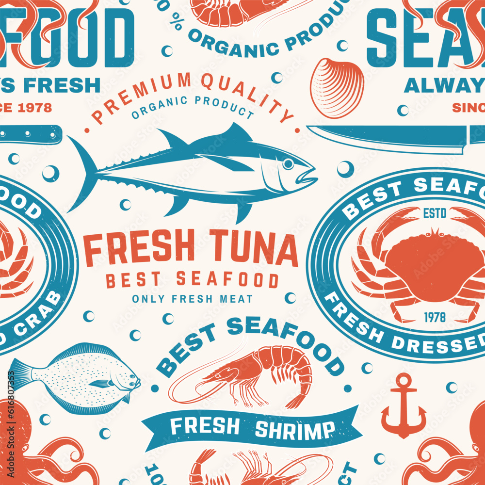 Set of seafood seamless pattern. Fresh tuna, octopus, trout, shrimp, dressed crab, mussels and clams. Vector. For background or wallpaper with tuna, trout, shrimp, octopus, crab, mussels and clams