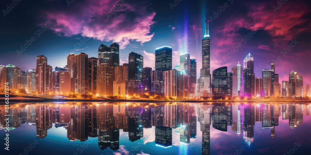 Colorful night shot of urban city skyline with skyscrapers