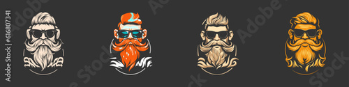 Bearded man face set on a black background. Biker face icon with beard and glasses. Vector illustration.