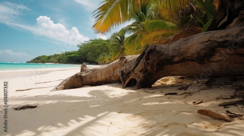 Coconut tree trunk lying an sand beach on tropical island