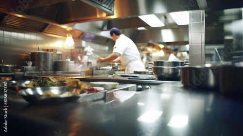 Chef cooking food in commercial restaurant kitchen