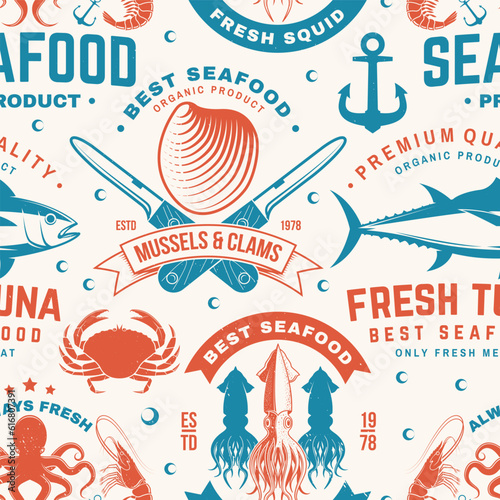 Set of seafood seamless pattern. Fresh tuna, octopus, trout, shrimp, dressed crab, mussels and clams. Vector. For background or wallpaper with tuna, trout, shrimp, octopus, crab, mussels and clams