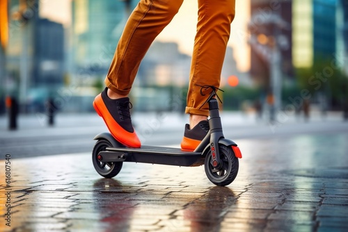 Man Riding Electric Scooter Outdoors. AI