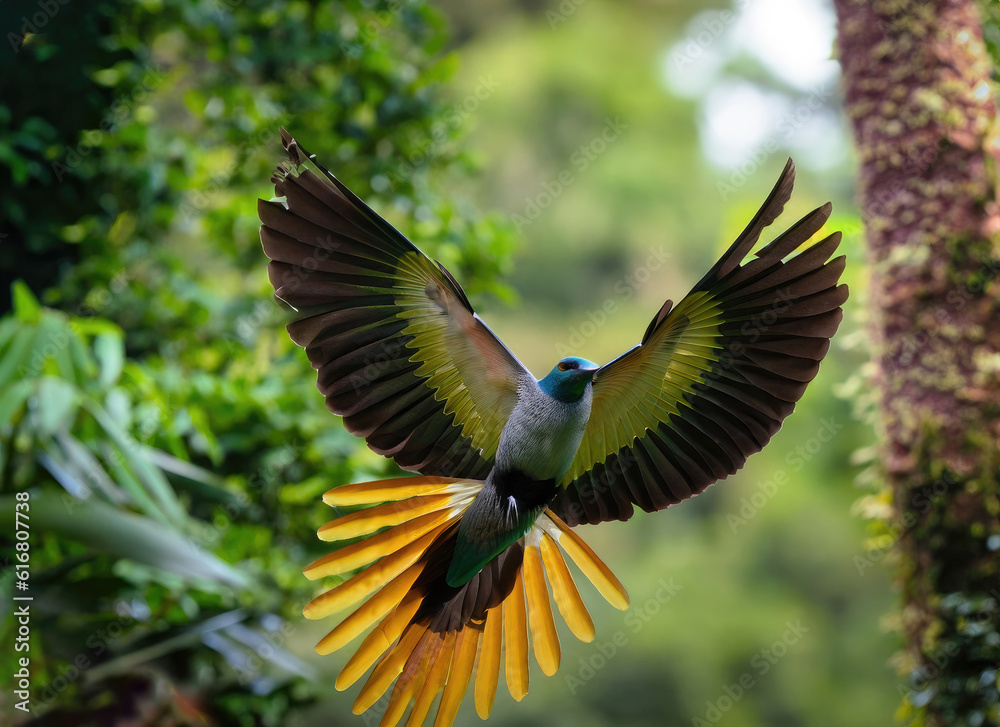 Fototapeta premium Tropical bird in flight against a backdrop of lush rainforest
