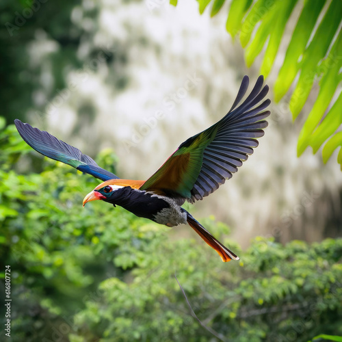 Featuring a tropical bird in flight against a backdrop of lush rainforest