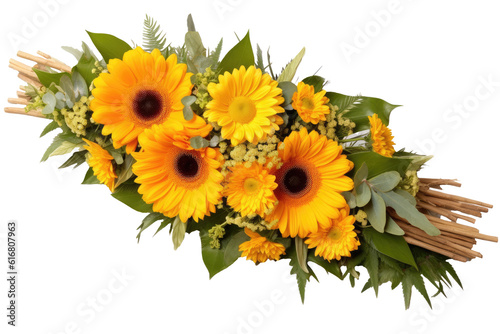 Funeral bouquet garland flower arrangement mix, transparent background (PNG). Generative AI. 