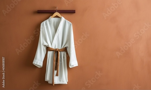 White Kimono with Brown Belt on Hanger  Featuring Copy Space. AI