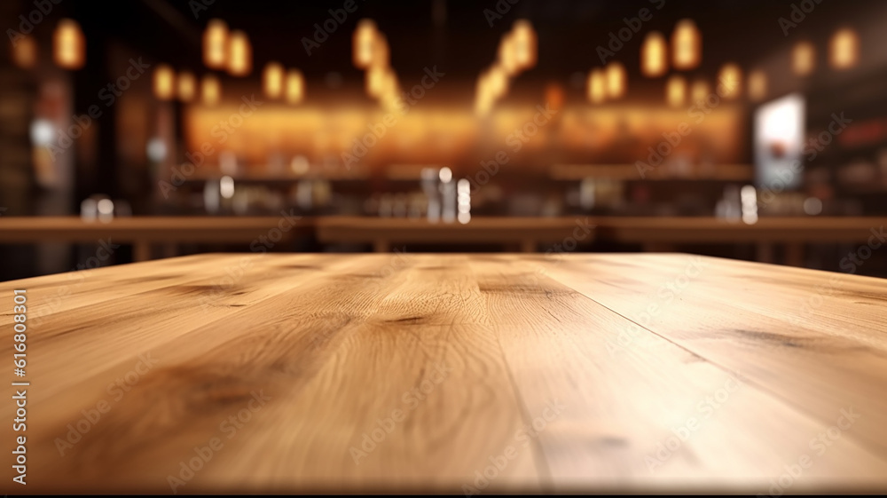 an empty tabletop podium in a restaurant with a blurred background with a copy of the evening bar space. Generative AI an empty tabletop podium in a restaurant with a blurred background with a copy of the evening bar space. Generative AI