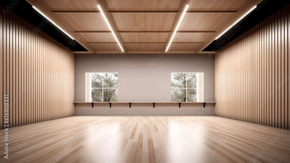 Obraz premium panoramic empty gym with windows for ballet classes. Generative AI
