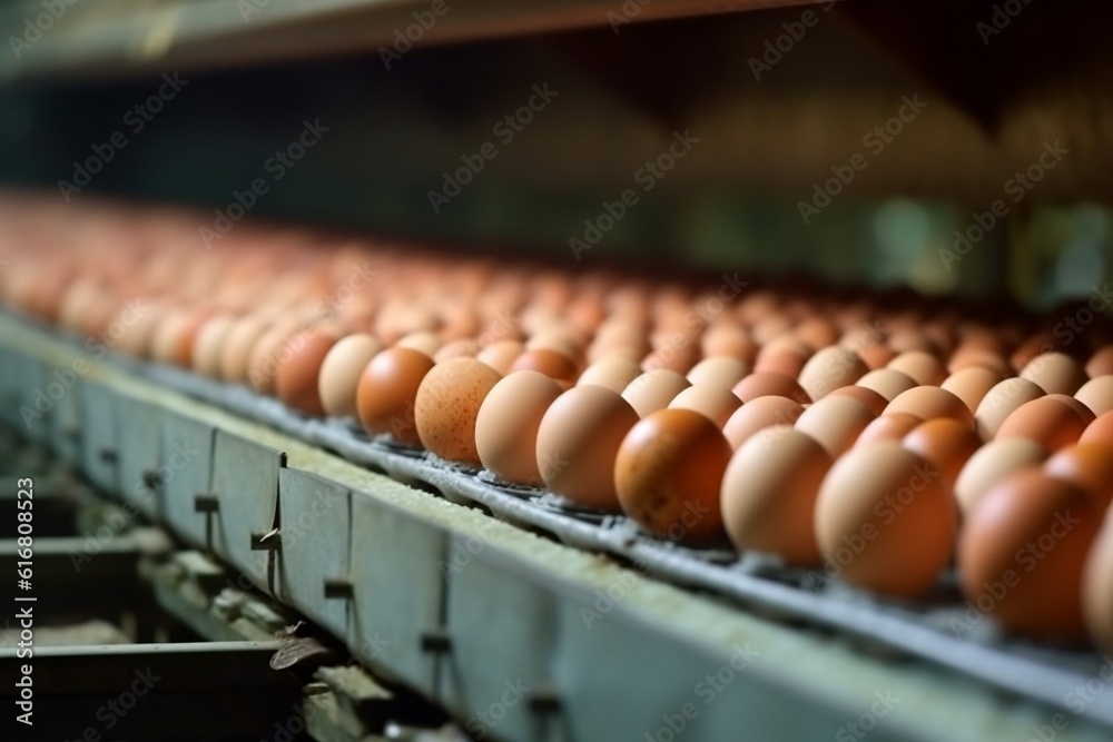 Chicken Eggs Moving Along Conveyor in a Poultry Farm: Farming, Agriculture, Factory, Food Industry. AI