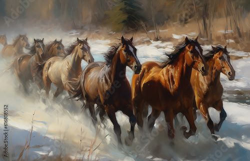 A herd of untamed horses galloping is portrayed in this oil painting. © Much