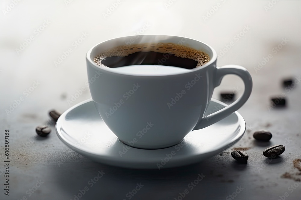 Steaming cup of coffee on a saucer with a spoon created with generative ai technology Steaming cup of coffee on a saucer with a spoon created with generative ai technology
